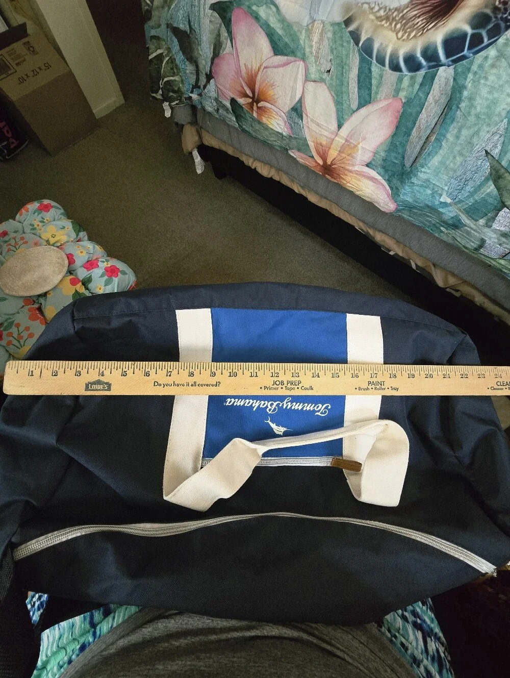 Tommy Bahama Navy and Blue Duffel Bag with White Straps